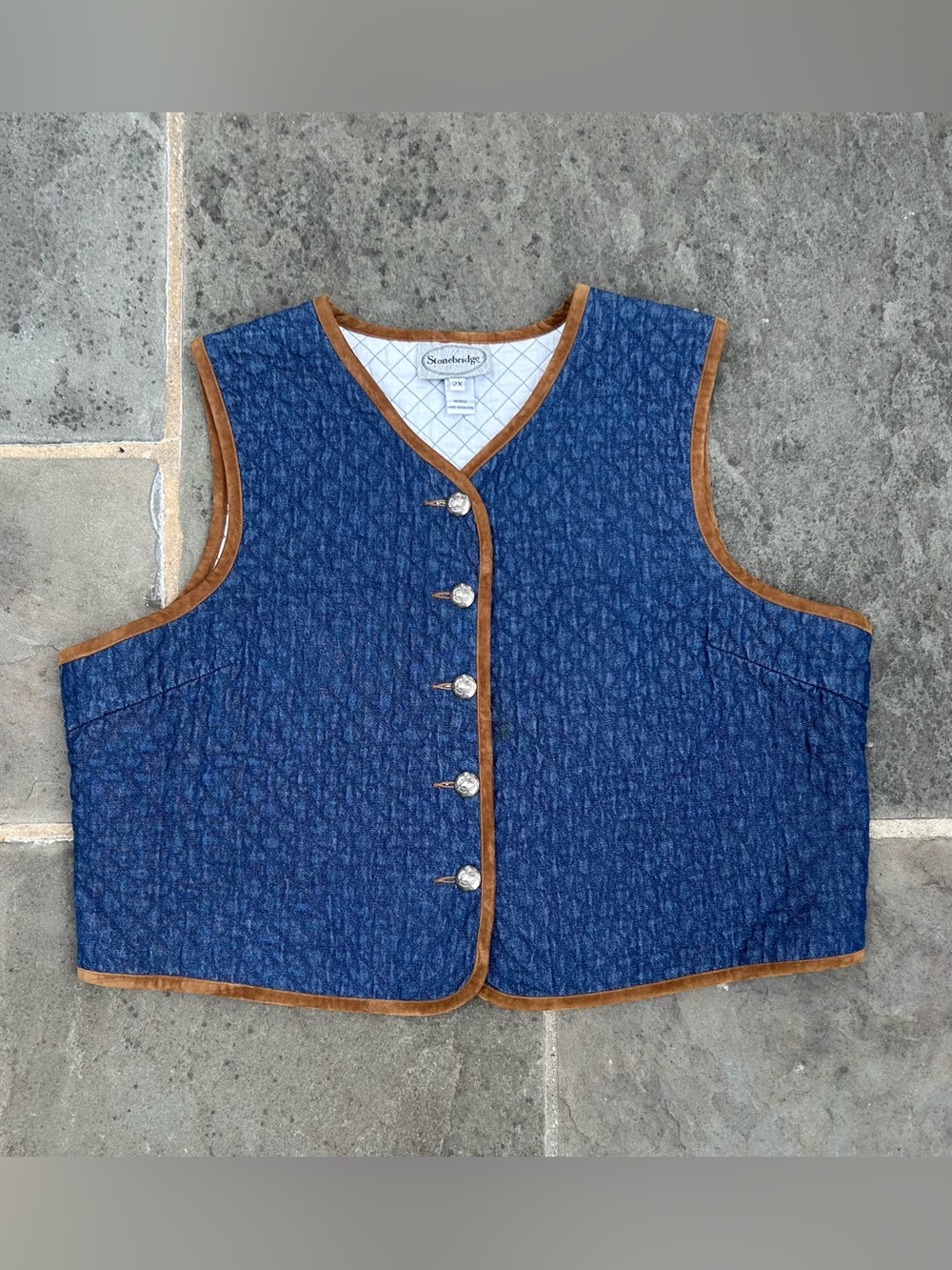Stonebridge Quilted Denim Vest 2X Blue Faux Suede Trim Western